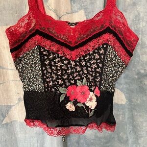 Free People Black Floral Cami with Red Lace Trim